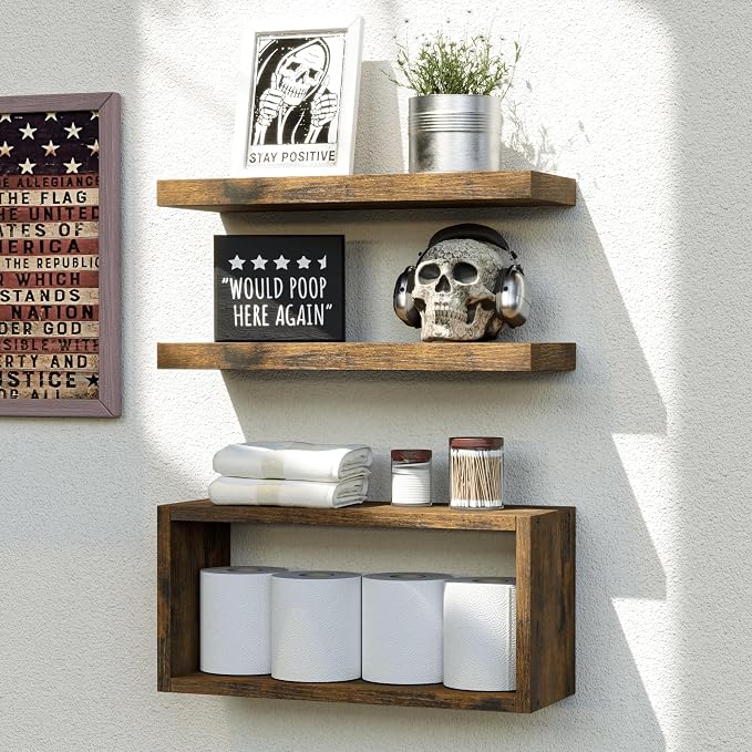 RICHER HOUSE 3-Set Brown Floating Wall Shelves, Bathroom Shelf Over Toilet | by RicherHouse