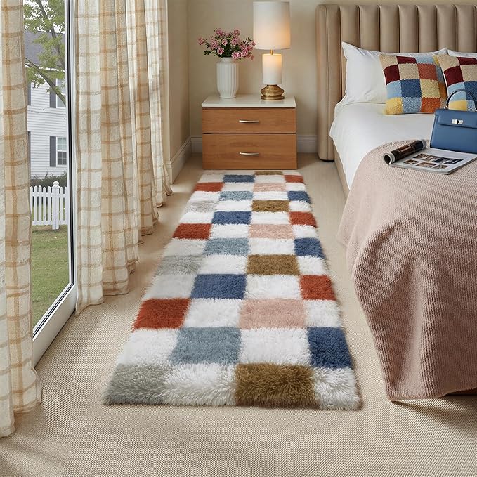 Checkered Runner Rug 2x6 for Bedroom Soft Fluffy Shag Carpet | Machine Washable by PureCozy