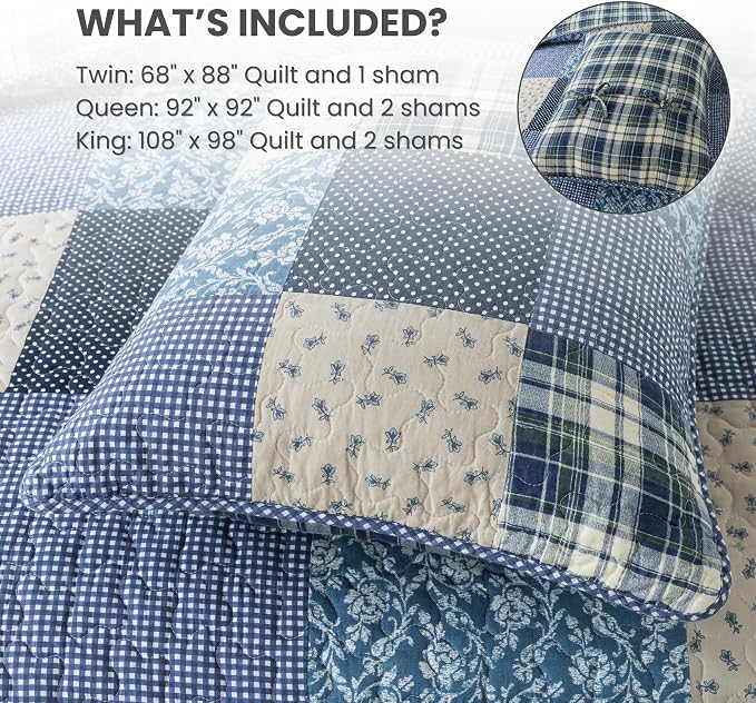 SLPR - Blue Symphony Cotton Quilt Set, Patchwork Bedding, Queen and 2 Shams | - Image 6