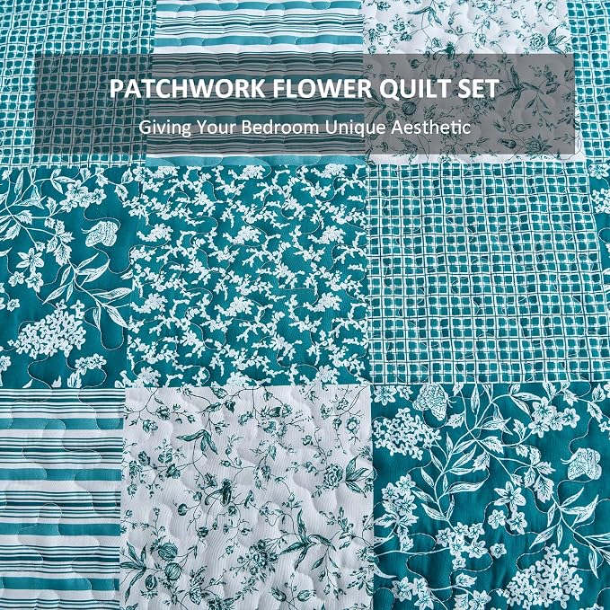 Mybedsoul Teal Blue Quilt Set King Size 3 Pieces Boho Plaid Turquoise Floral - Image 6