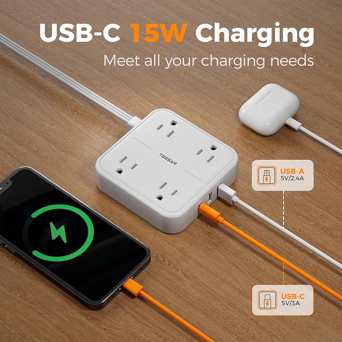 TESSAN Surge Protector Flat Extension Cord 15Ft, Flat Plug Power Strip | 4 - Image 4