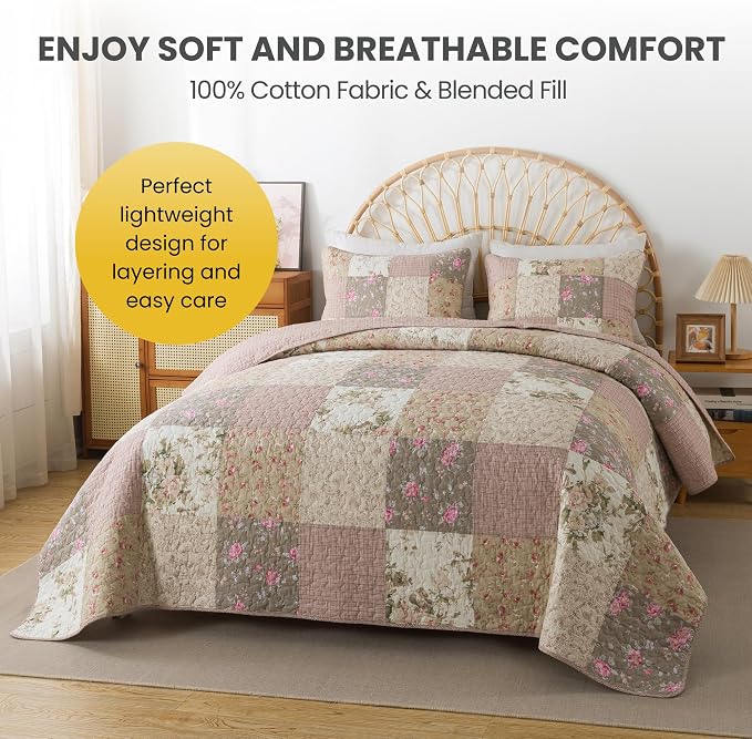 SLPR - Secret Garden Pink Patchwork Cotton Quilt Set, King - Image 3