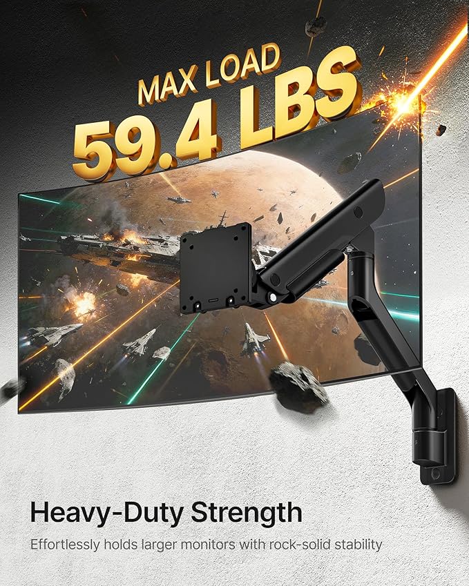 monTEK Heavy-Duty Single Monitor Wall Mount for 17-57” Ultrawide Screens up to 59.4lbs, Premium Aluminum Wall Mount Monitor Arm with Full Motion Adjustment, Pneumatic Lift, Max VESA 100x100