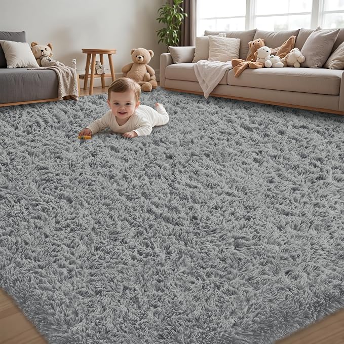 5x8 Area Rug for Living Room, Light Gray Fluffy Shag Non-Slip Bedroom Rugs | by Unknown
