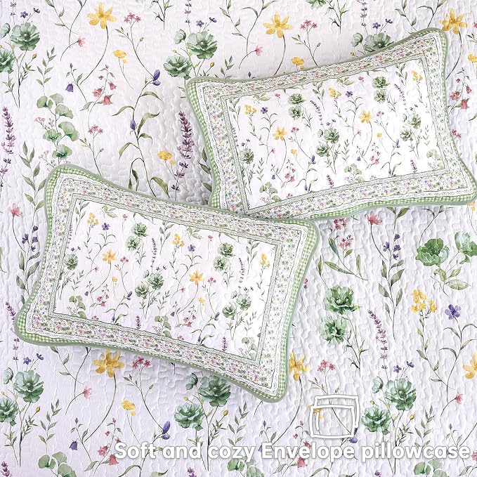 WONGS BEDDING Floral Quilt Set Queen，3 Pcs Green Bedspreads Coverlet Set | - Image 6