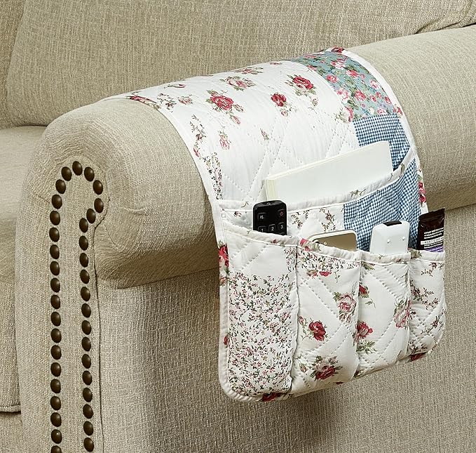 Brilliant Sunshine Pink Rose & Blue Check Couch Armrest Cover, Armrest - Image 3