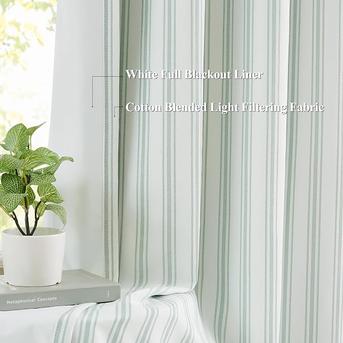 ZJDECOR Green White Cotton Blend Blackout Stripe Curtain Panels 95 Inch | - Image 3