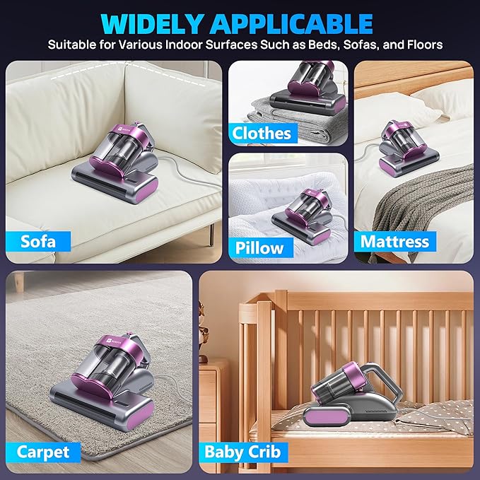Beroya Mattress Vacuum Cleaner UVC 253.7nm Light with 16Kpa Strong Suction, 145°F Heat, Ultrasonic, HEPA Filter, Versatile Bed, Pillow and Couch Vacuum Cleaner (16.4ft Corded, 500W)
