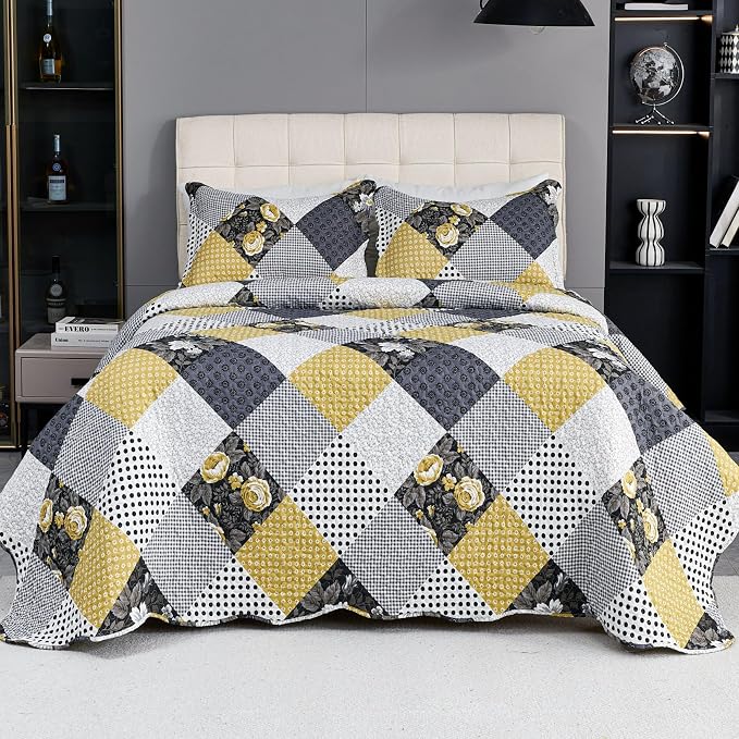 Cmfshape Summer Floral Queen Bedspread, Romantic Khaki Quilt Set Full, - Image 2