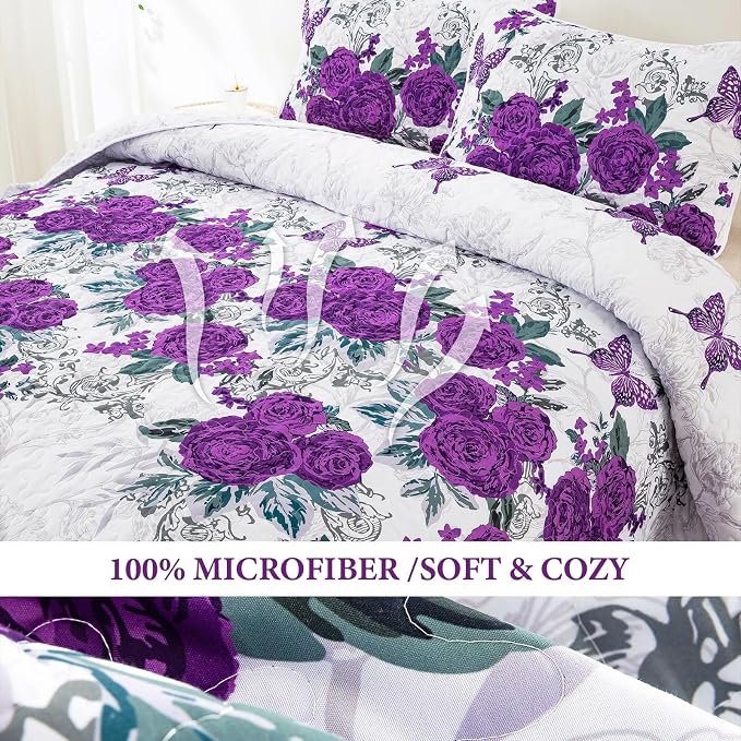 Yiran Purple Floral Quilt Set Queen Size, Rose Flowers Quilt Bedding Set | 3 - Image 4