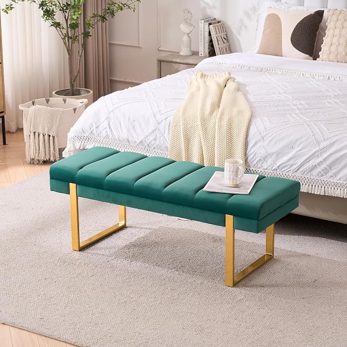 46" Velvet Green Bench with Gold Legs - Image 3