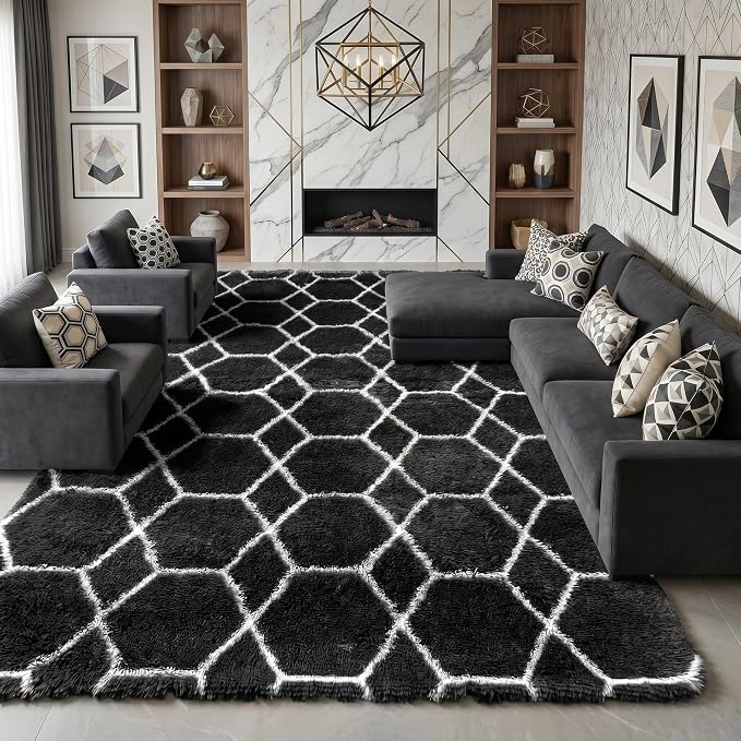 Large Area Rugs for Living Room, 7x10 Black and White Rug, Boho Thick Floor Mat by ONASAR