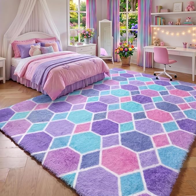 Checkered 6x9 Area Rugs for Living Room, Fluffy Purple Rainbow Colorful Rug for by ONASAR