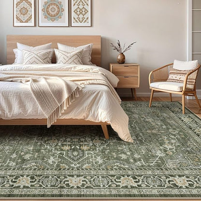10x14 Area Rugs Living Room: Washable Boho Large Neutral Vintage Soft Rug Stain Resistant Farmhouse Non Slip Indoor Floor Carpet for Bedroom Nursery Kids Playroom Office Dining Room- Dark Green