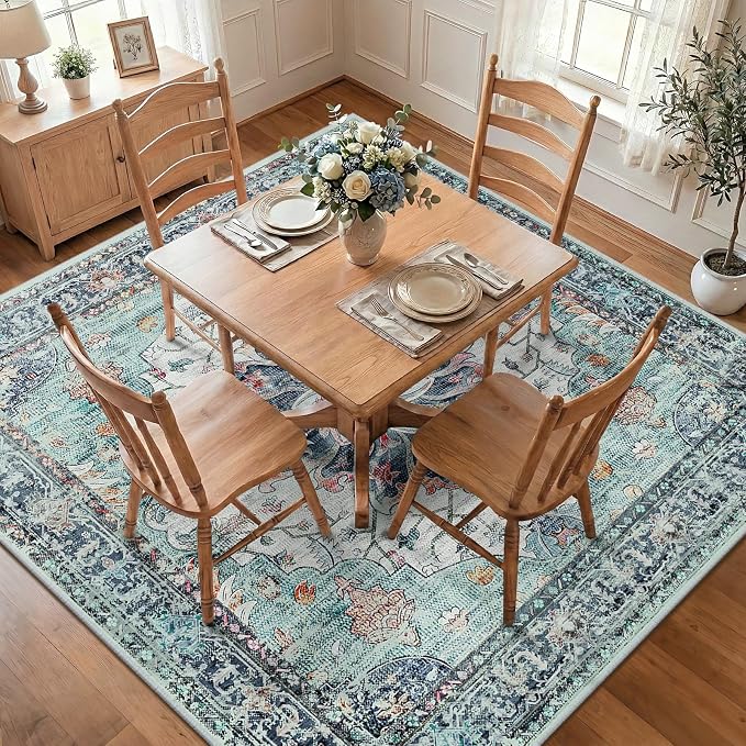 RELEANY Washable Area Rug, Square 8'x8', Teal Green/White/Navy | Non-Slip - Image 2