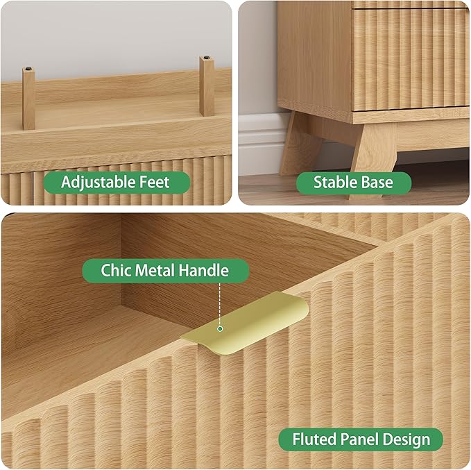 Fluted Dresser for Bedroom with 9 Drawers, 57" Wide Modern Chest of Drawers with Metal Handle, Wooden Dresser TV Stand, Wood Closet Clothes Storage Organizer for Living Room, Hallway, Natural Oak