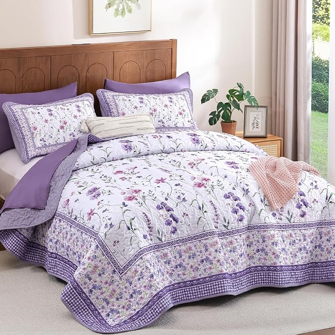 WONGS BEDDING Floral Quilt Set King, Cute Purple Flower Bedspread Coverlet | - Image 2