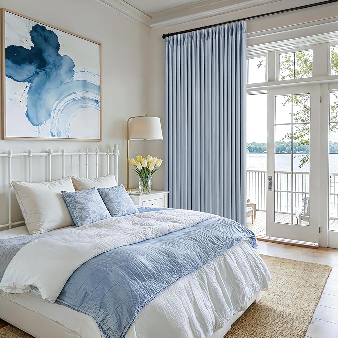 120 Inch 100% Blackout Pinch Pleated Linen Curtains Light Blue - Image 8