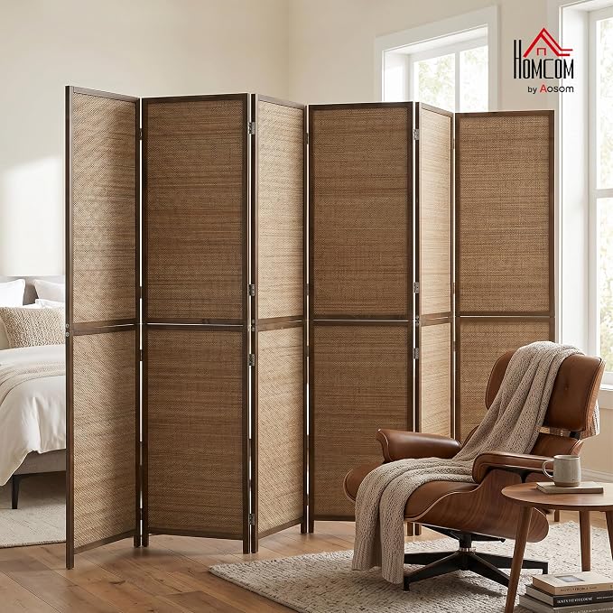 HOMCOM 6 FT Room Divider, 6 Panel Hand-Woven Bamboo Privacy Screen Brown | - Image 2