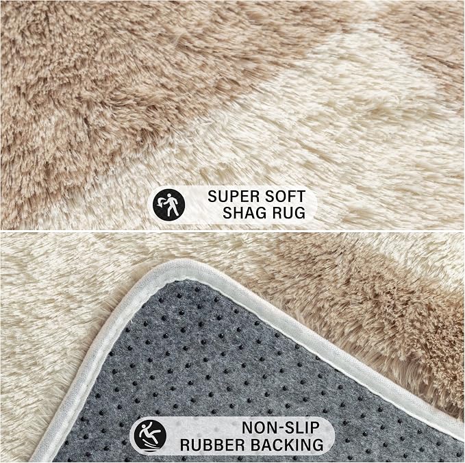 Beige 7x10 Area Rug for Living Room Soft Checkered Shag Carpet | Machine - Image 6