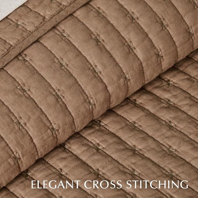 100% Cotton Cross Stitch 3-Piece Quilt Set, Camel Brown | 100% Cotton, Elegant - Image 8
