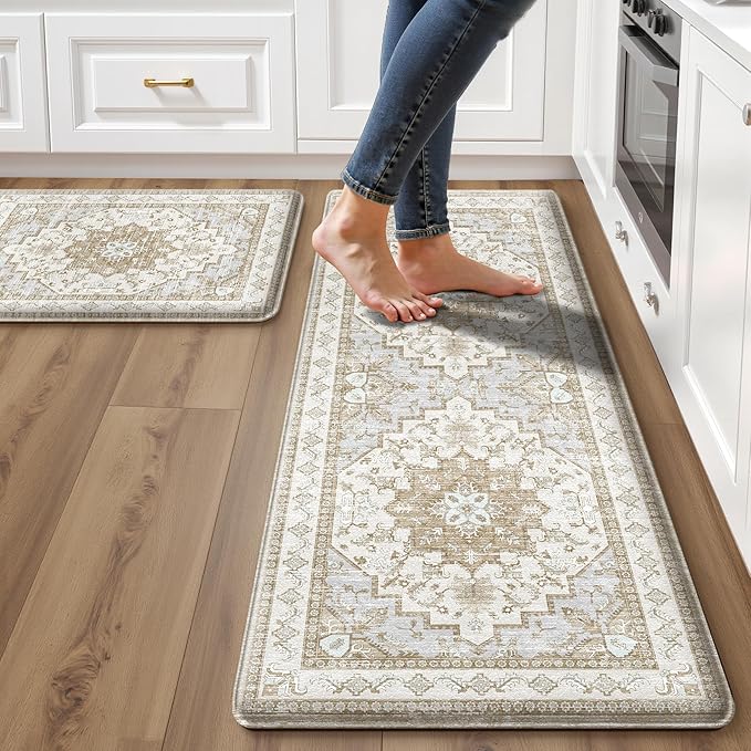 Boho Kitchen Mats for Floor 2 Piece Set Anti Fatigue Cushioned PVC Kitchen Rugs Non Slip Waterproof Farmhouse Mats 2/5 Inch Comfort Standing Mat for Sink, Laundry, 17.3"x59"+17.3"x28", Beige Tan
