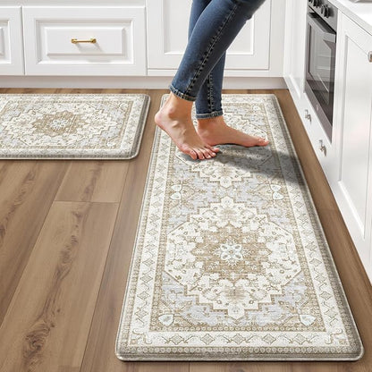 Boho Kitchen Mats for Floor 2 Piece Set Anti Fatigue Cushioned PVC Kitchen Rugs Non Slip Waterproof Farmhouse Mats 2/5 Inch Comfort Standing Mat for Sink, Laundry, 17.3"x59"+17.3"x28", Beige Tan