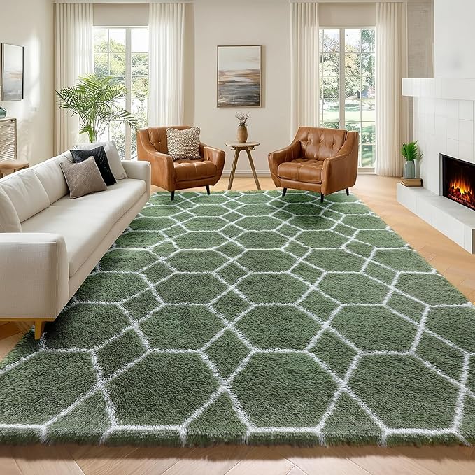 5x7 Area Rugs for Living Room Bedroom, Fluffy Olive Green and White Throw Rug by ONASAR