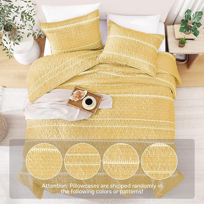 Yellow Twin Quilt Set, 2 Pieces Boho Lightweight Striped Bedspread | Soft - Image 3