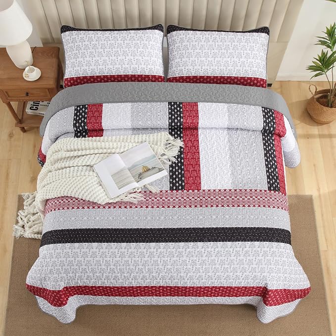 WONGS BEDDING Stripe Quilt Set Queen, Boho Bedspread Sets, Breathable - Image 3