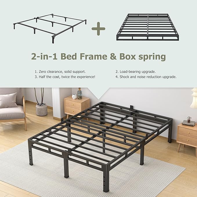 NKZ King Size Bed Frame 16 Inch, Metal Bed Frame & Box Spring 2 in 1 Platform with Round Corner Legs, 4000lbs Weight Capacity Reinforced Metal Frame, Headboard Hole, Noise-Free, Easy Assembly