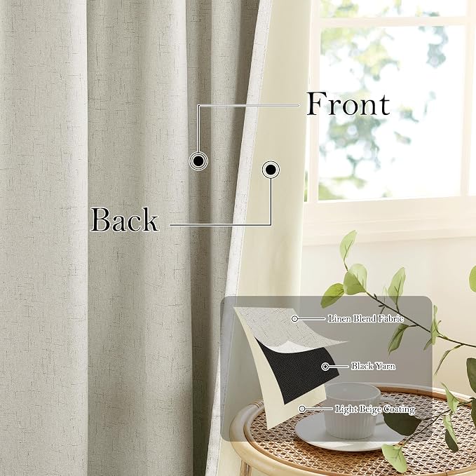 RYB HOME 100% Blackout Beige Linen Blackout Curtains, Thermal Insulated Privacy - Image 3