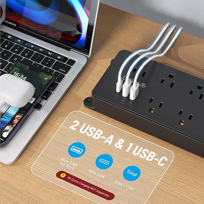 TROND Surge Protector Power Strip, Flat Plug 15ft Long Extension Cord, 7 Widely-Spaced Outlets with 3 USB Ports, ETL Listed, 1700J, Wall Mountable, for Home Office Garage, Black