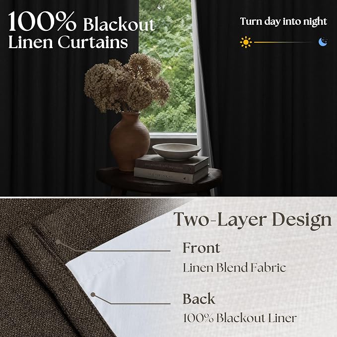 Chocolate Brown 84 Inch Blackout Pinch Pleated Curtains 2 Panels | Thick Linen - Image 3