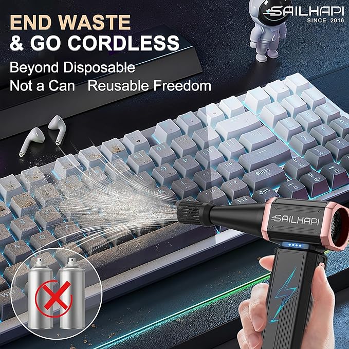 SAILHAPI Electric Air Duster, 300000RPM High-Speed Cordless Blower Fan with Variable Speed & Brushless Motor, Portable Mini Blower for Keyboard, Car, PC Cleaning, Replaces Canned Air, Gifts for Men