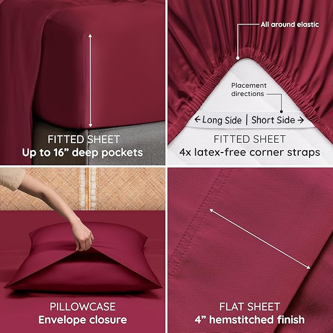 Bambaw 100% Viscose Derived from Bamboo Sheets King Set – 6pcs Set of Cooling Sheets King Size Deep Pocket, Fits Up to 16'' with Elastic Corner Straps, Ultra Soft Bed Sheets King (Burgundy)