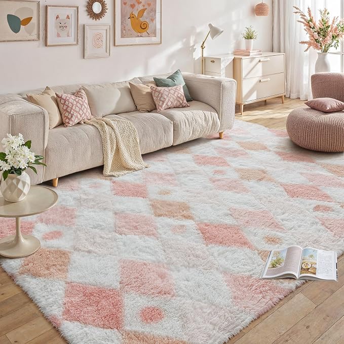 Pink 9x12 Area Rug for Living Room Soft Checkered Shag Carpet | Machine Washable by PureCozy