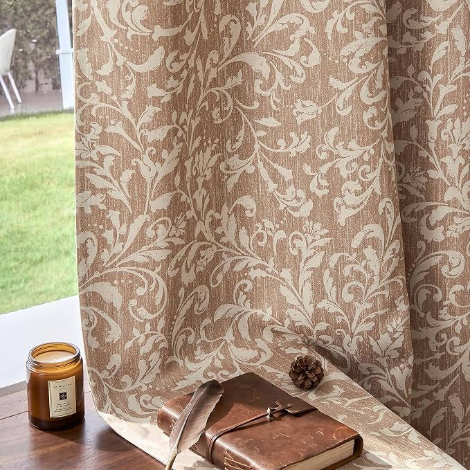 jinchan Taupe Floral Blackout Curtians 63 Inch Vintage Grommet 2 Panels | Room - Image 4