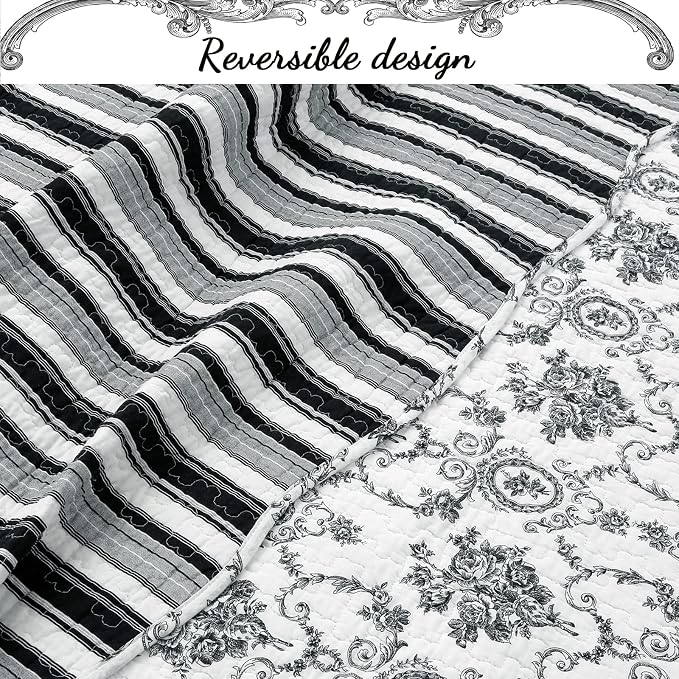 Cozy Line Home Fashions French Medallion Black White Grey Rose Flower Pattern - Image 3