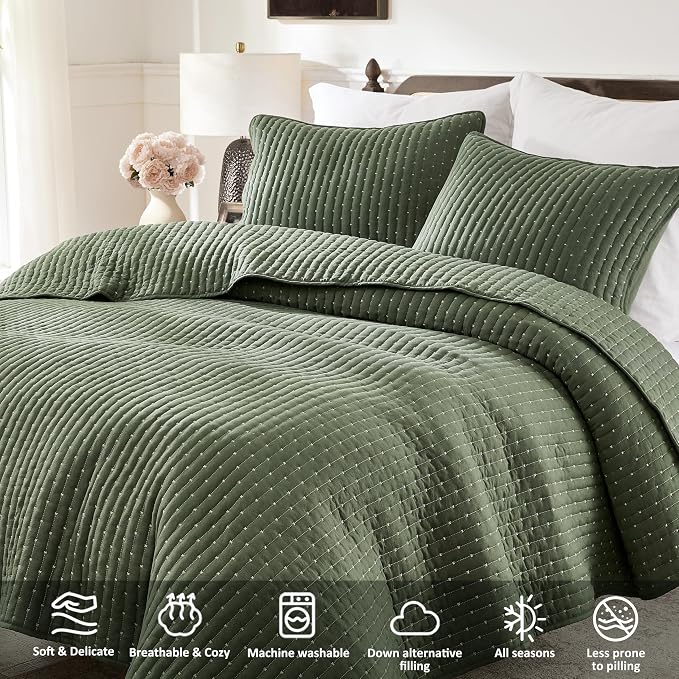 WDCOZY Olive Green Cross Stitch Twin Size Quilt Set, Striped Lightweight Soft - Image 4