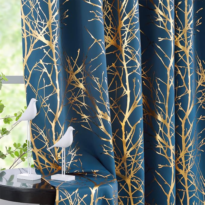 FMFUNCTEX 100% Blackout Navy Gold Foil Tree Curtains 96 Inch Long 2 Panels | by Fmfunctex