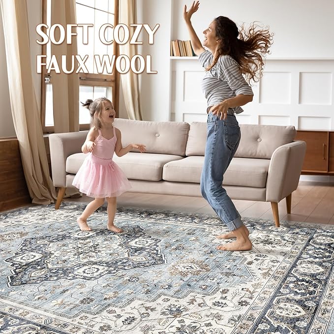 10x12 Area Rug Living Room: Washable Boho Large Neutral Vintage Soft Rugs Stain Resistant Farmhouse Non-Slip Indoor Floor Carpet for Bedroom Nursery Kids Playroom Office Dining Room- Tan Blue