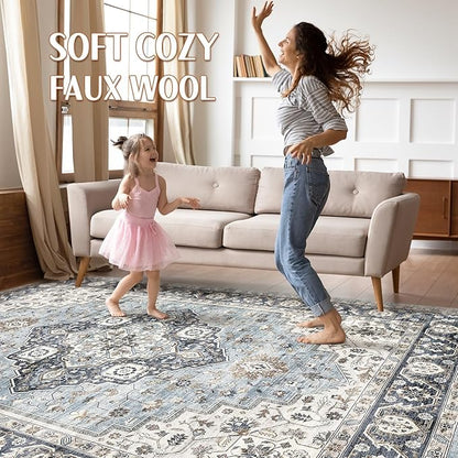 10x12 Area Rug Living Room: Washable Boho Large Neutral Vintage Soft Rugs Stain Resistant Farmhouse Non-Slip Indoor Floor Carpet for Bedroom Nursery Kids Playroom Office Dining Room- Tan Blue