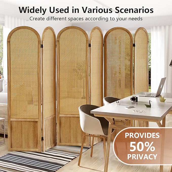 Rattan Room Divider, 6 Panel Folding Room Screen Divider, Natural | Woven - Image 2