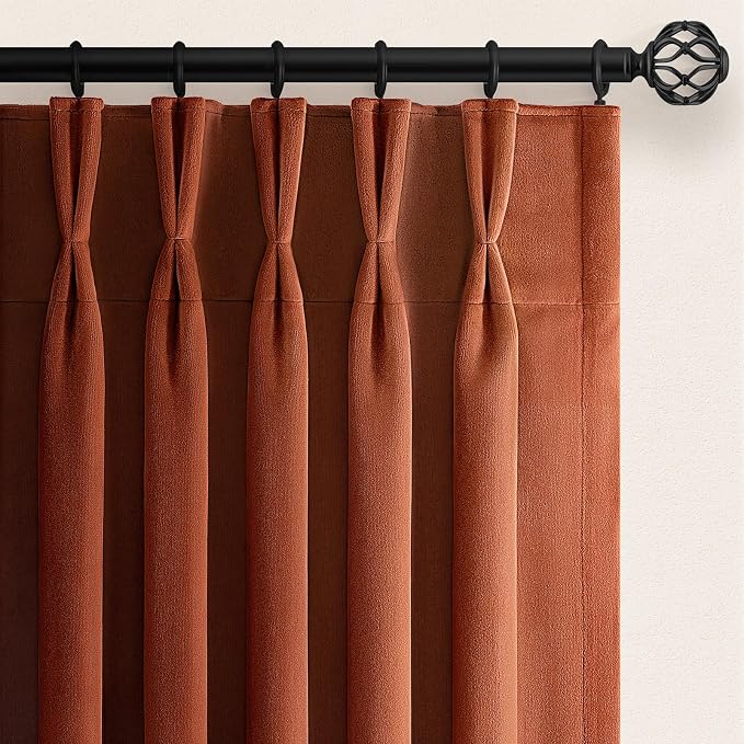 Burnt Orange Heavy Velvet Blackout Curtains, 108 Inches Long Pleated by Unknown