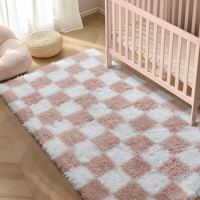 Pink Area Rug 4x6 for Kids Room Soft Fluffy Checkered Shag Carpet | Machine by PureCozy