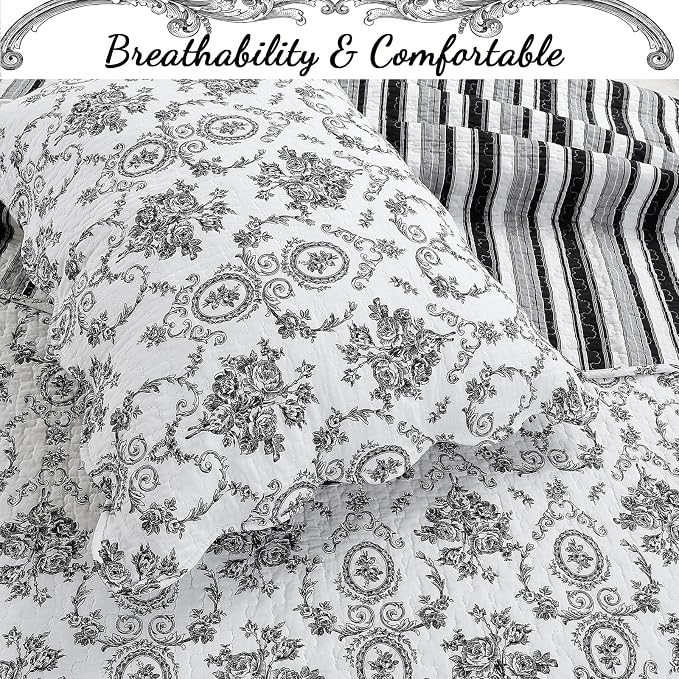 Cozy Line Home Fashions French Medallion Black White Grey Rose Flower Pattern - Image 5
