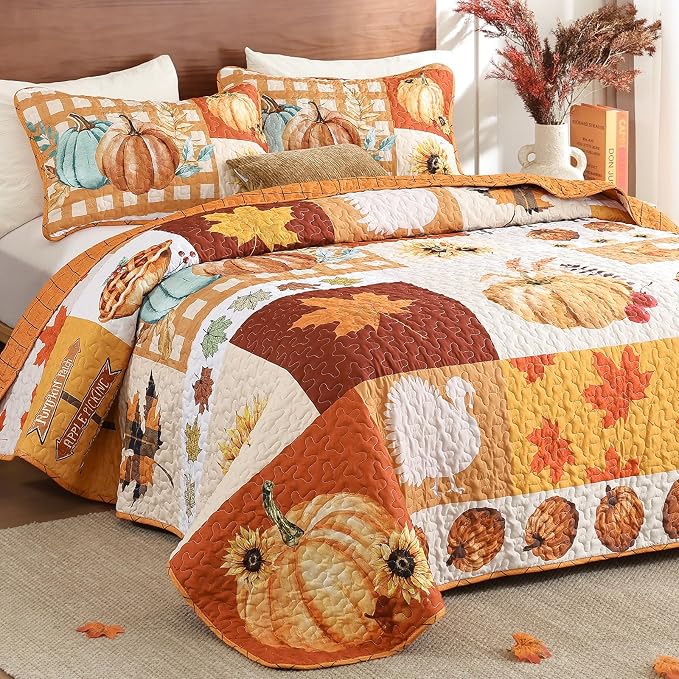 WONGS BEDDING Fall Thanksgiving Queen Quilt, Pumpkin Maple Leaves Bedspread | - Image 3