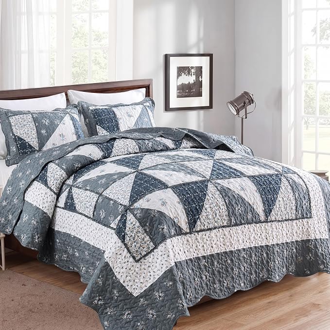 Full/Queen Size Quilt Set Grey Floral Patchwork Bedspreads Bedding Set | - Image 2