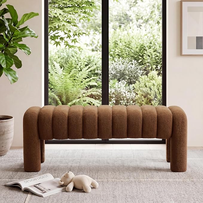 43" Upholstered Boucle Bench, Rust Brown | Padded Ottoman Bench, Sherpa Window by Zibeths